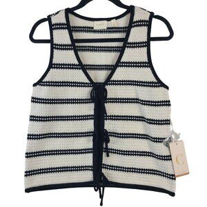 NEW Cyrus Women's Striped Knit Tie-Front Vest Bone & Black Cotton Blend Sz S